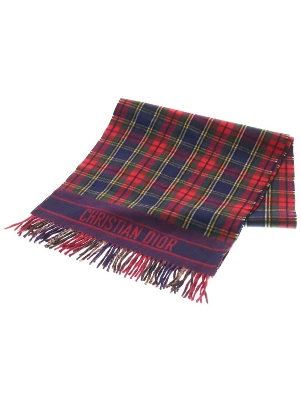 Dior Plaid Fringe Scarf Red Green Wool Shawl